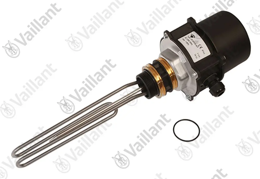 Vaillant Elektro-Heizstab mit zwei Heizrohren und einem elektrischen Anschluss. Das Produkt verfügt über eine O-Ring-Dichtung.